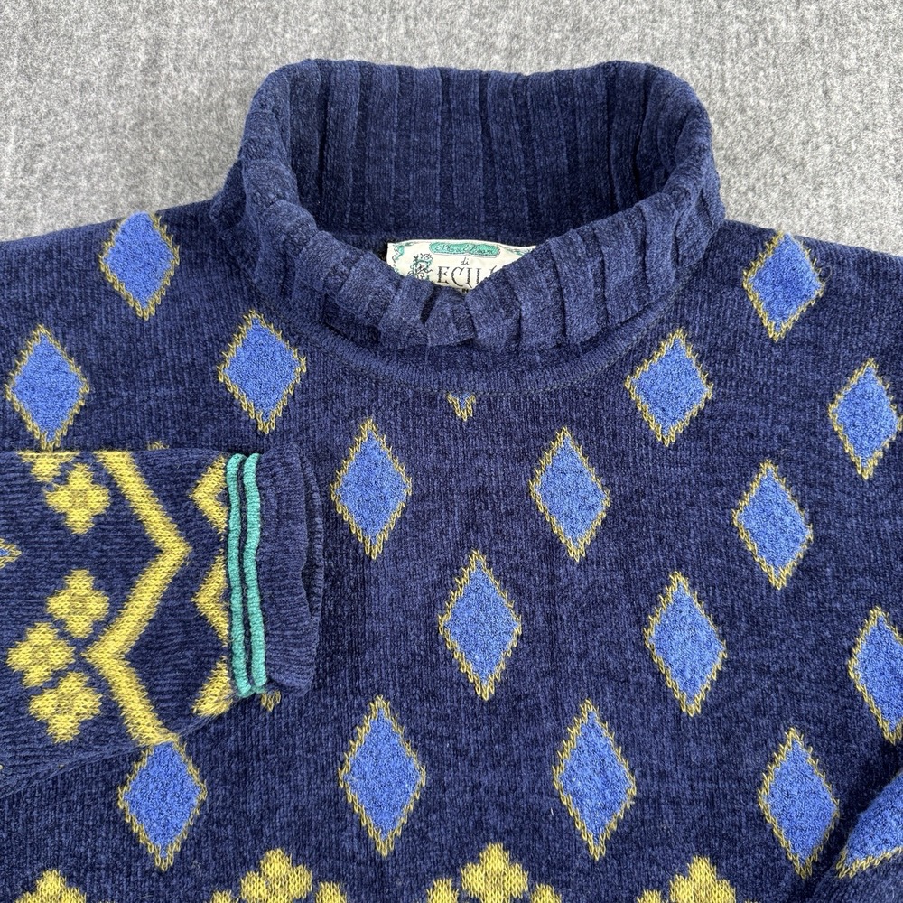 Cecilia Italy Sweater S/M Lambswool Turtleneck Geometric Knit Blue Vintage Style